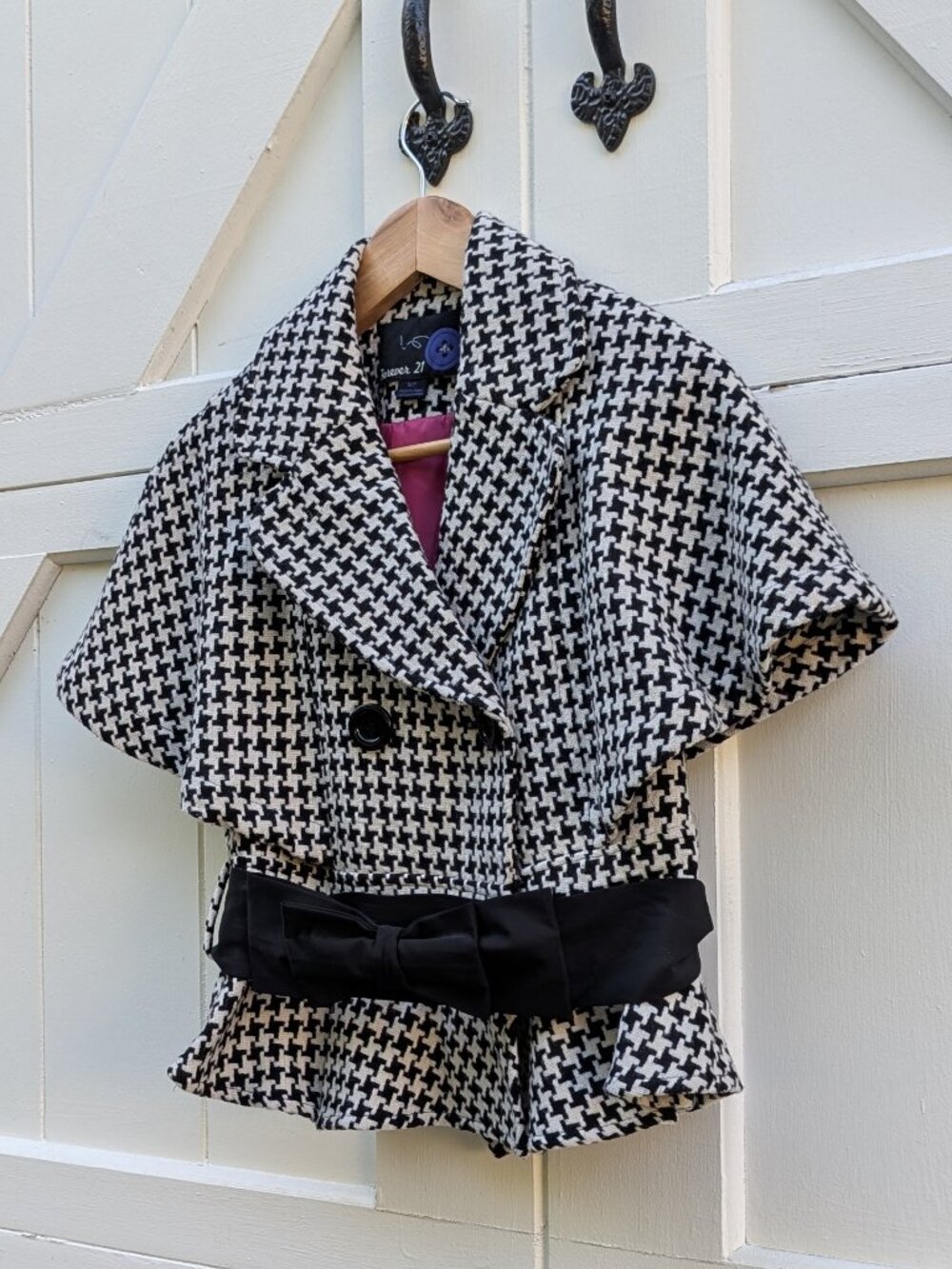 Forever 21 Y2K Houndstooth Wool Blend Short Sleeve Belted Jacket Blazer S